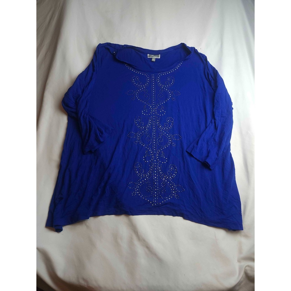 JM Collection Blouse Top Womens Size 3X Blue Knit Rhinestones Embellished Casual